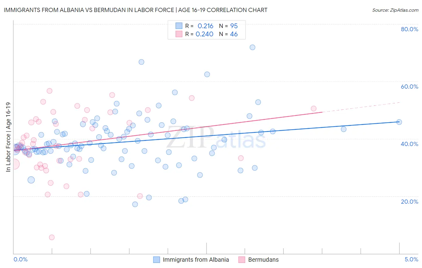 Immigrants from Albania vs Bermudan In Labor Force | Age 16-19