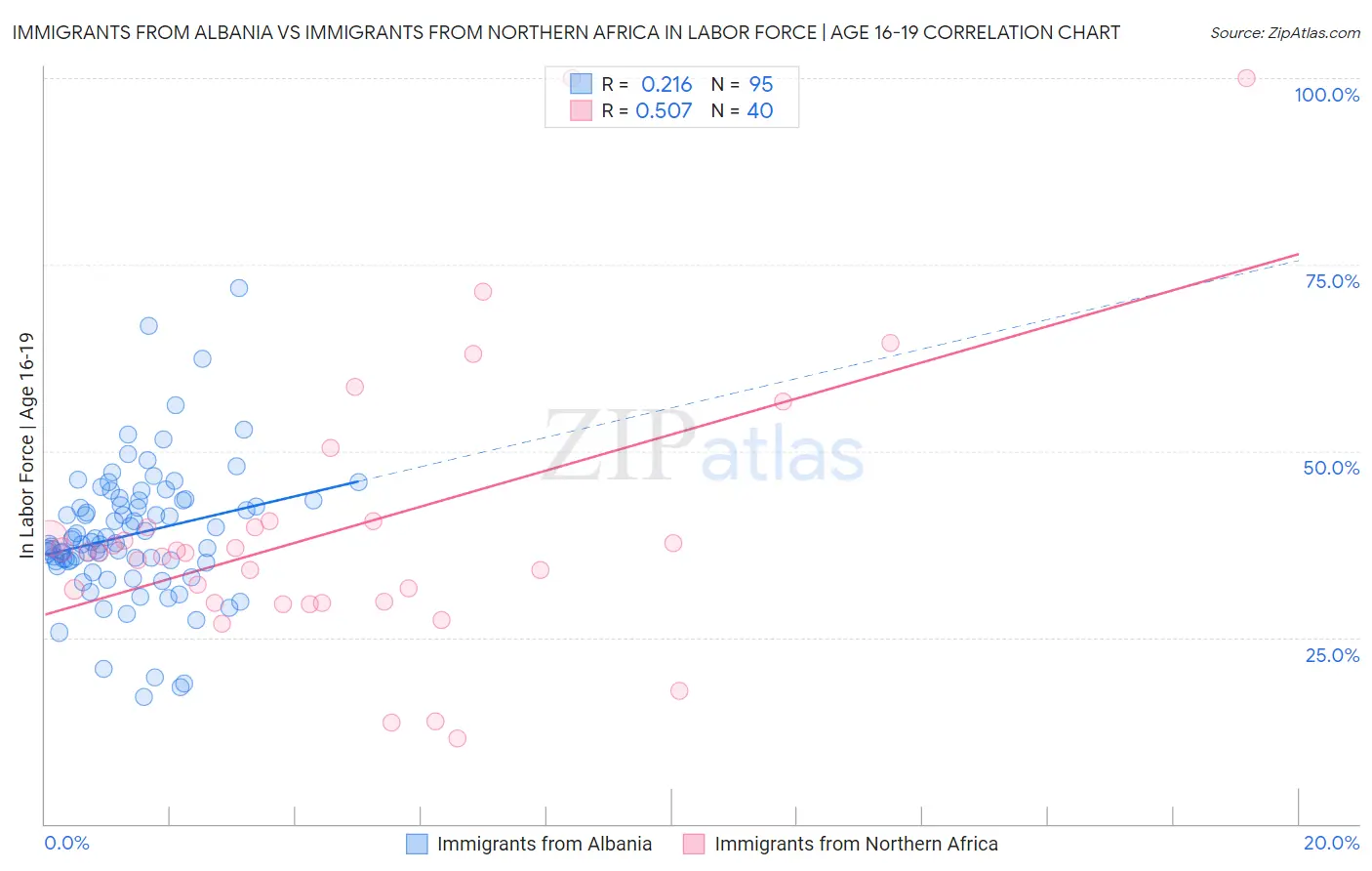 Immigrants from Albania vs Immigrants from Northern Africa In Labor Force | Age 16-19