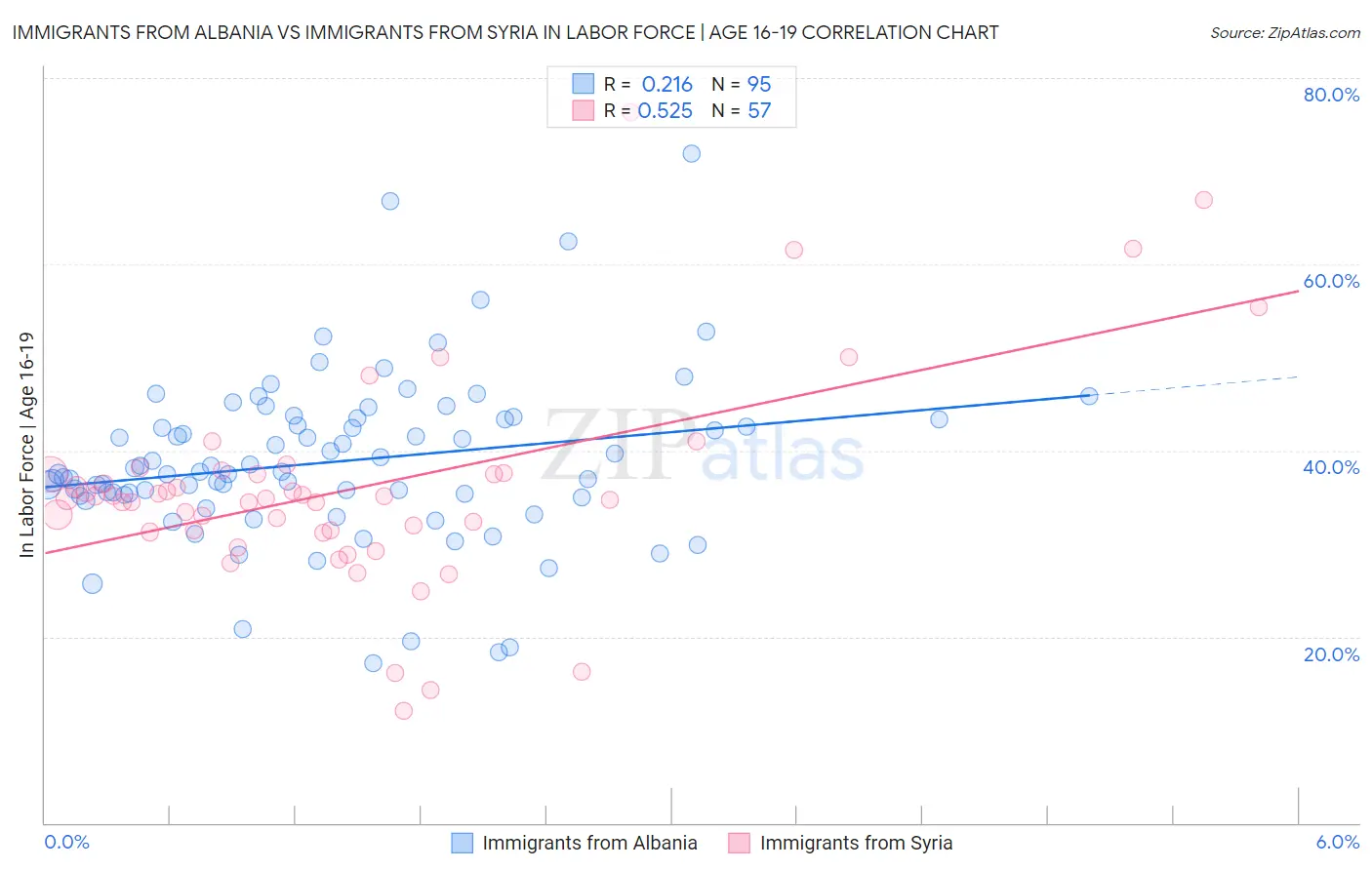 Immigrants from Albania vs Immigrants from Syria In Labor Force | Age 16-19