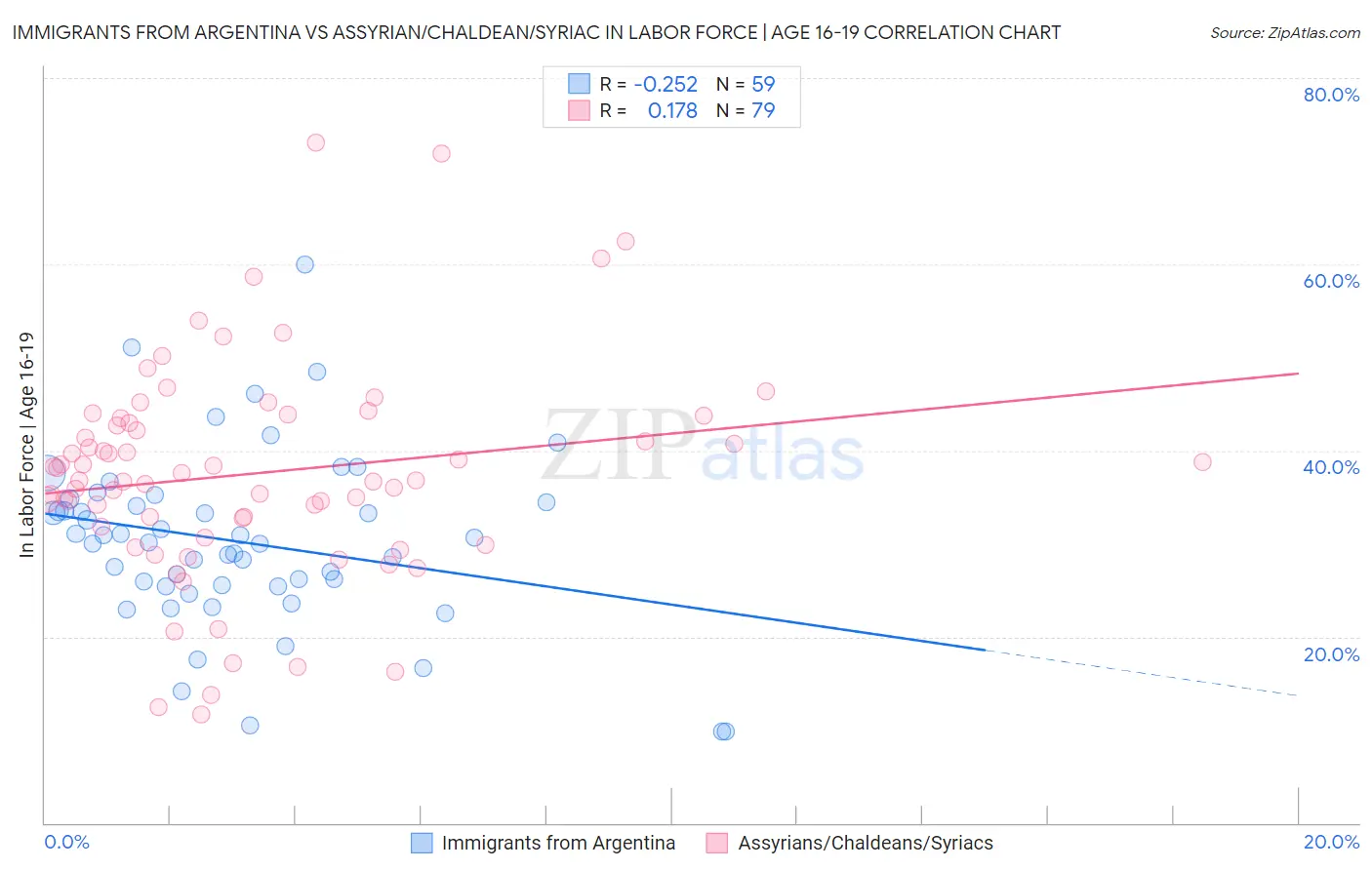 Immigrants from Argentina vs Assyrian/Chaldean/Syriac In Labor Force | Age 16-19