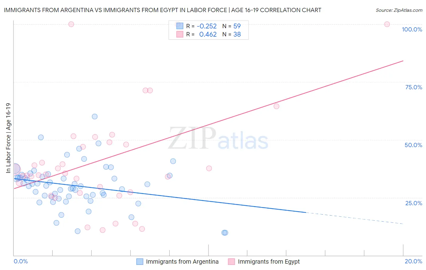 Immigrants from Argentina vs Immigrants from Egypt In Labor Force | Age 16-19