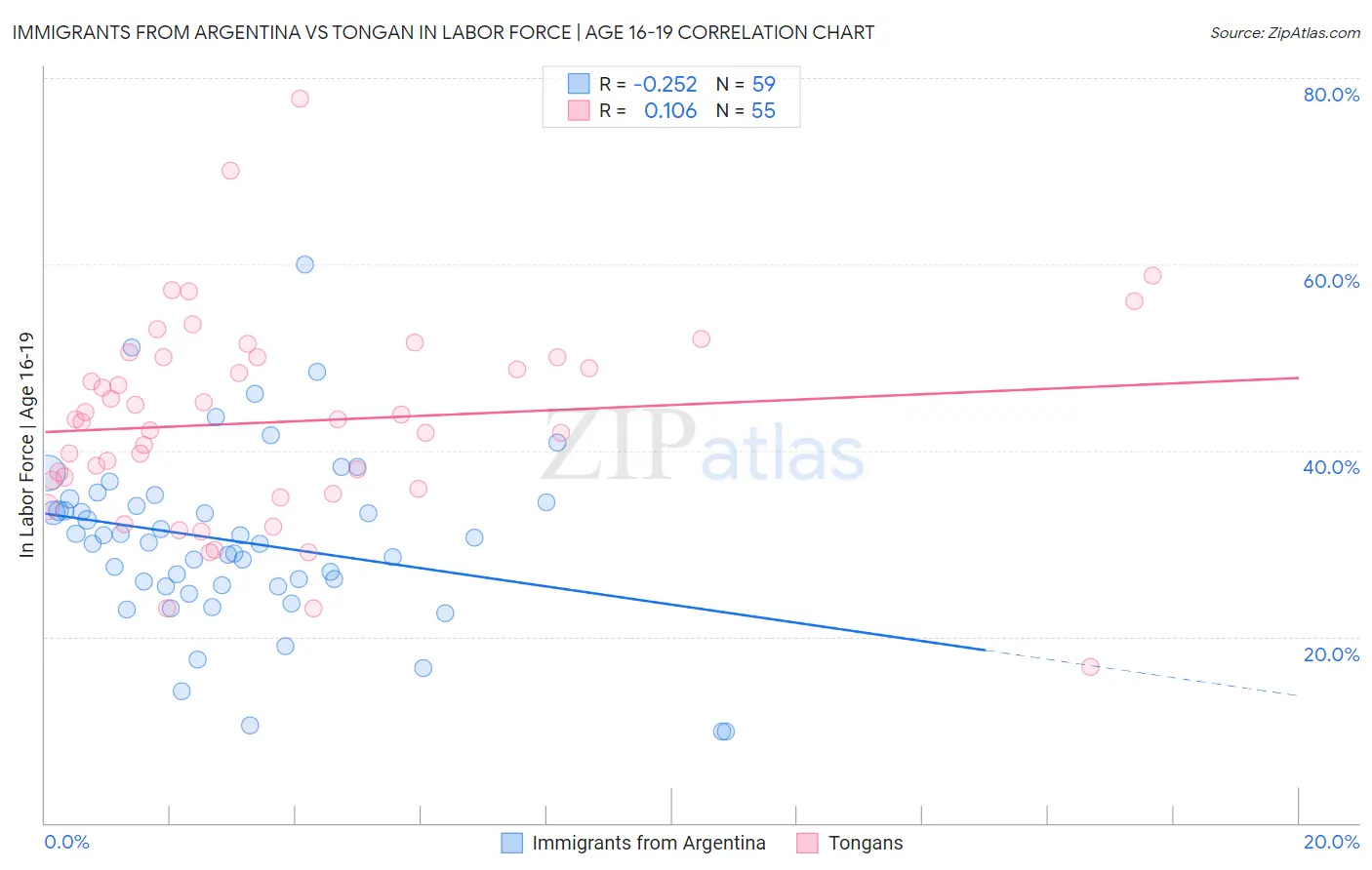 Immigrants from Argentina vs Tongan In Labor Force | Age 16-19