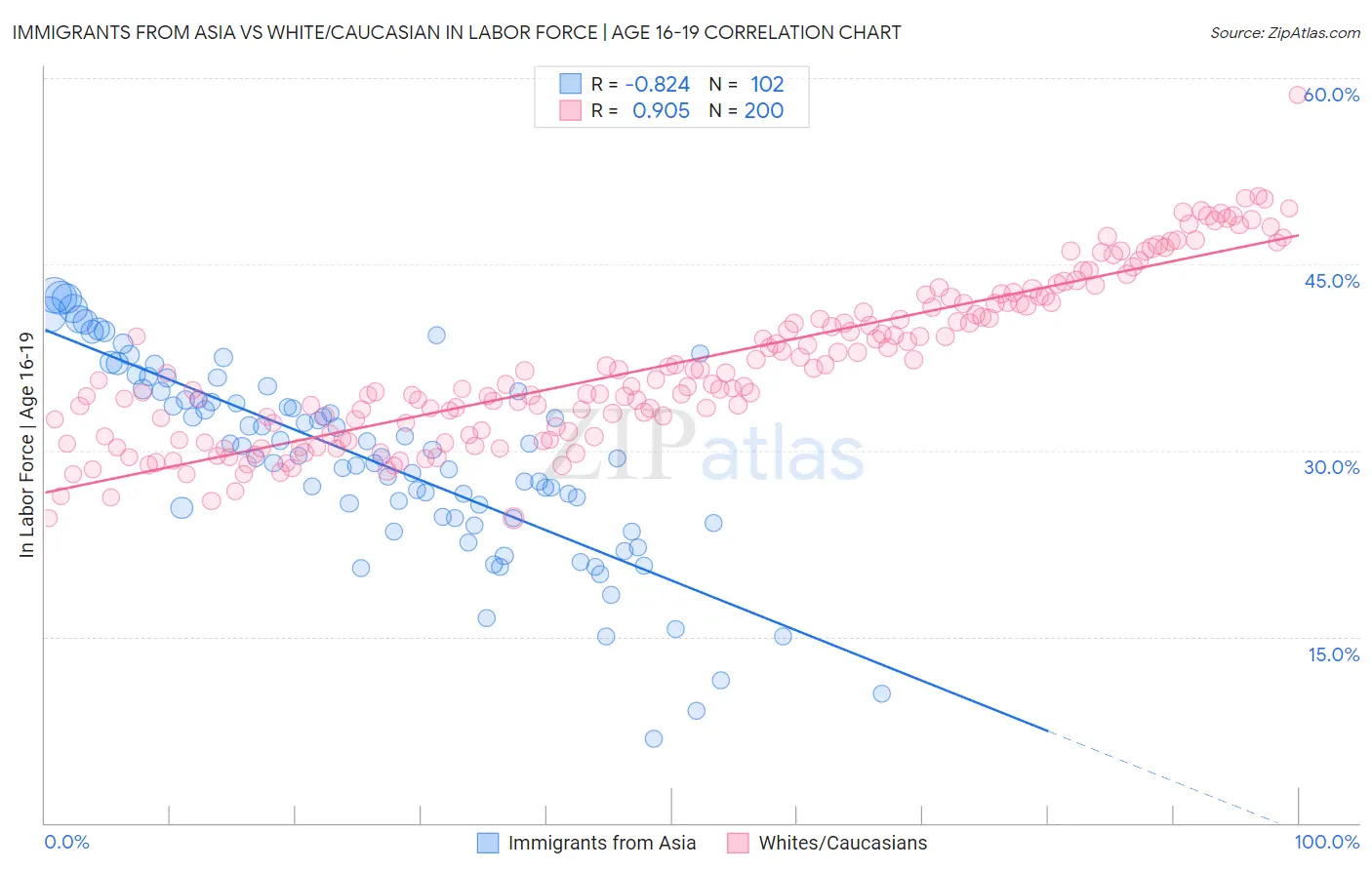 Immigrants from Asia vs White/Caucasian In Labor Force | Age 16-19