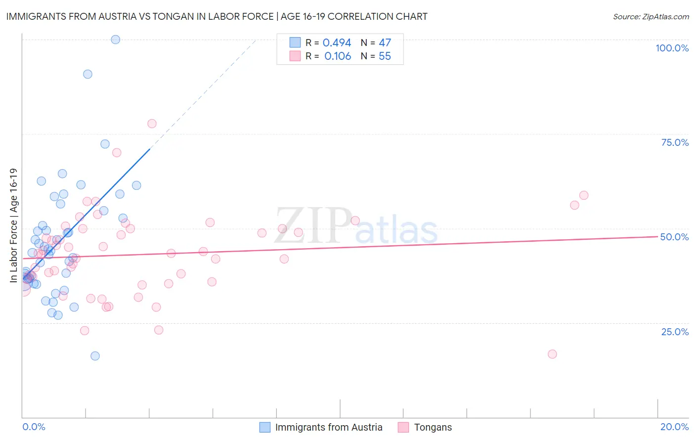 Immigrants from Austria vs Tongan In Labor Force | Age 16-19