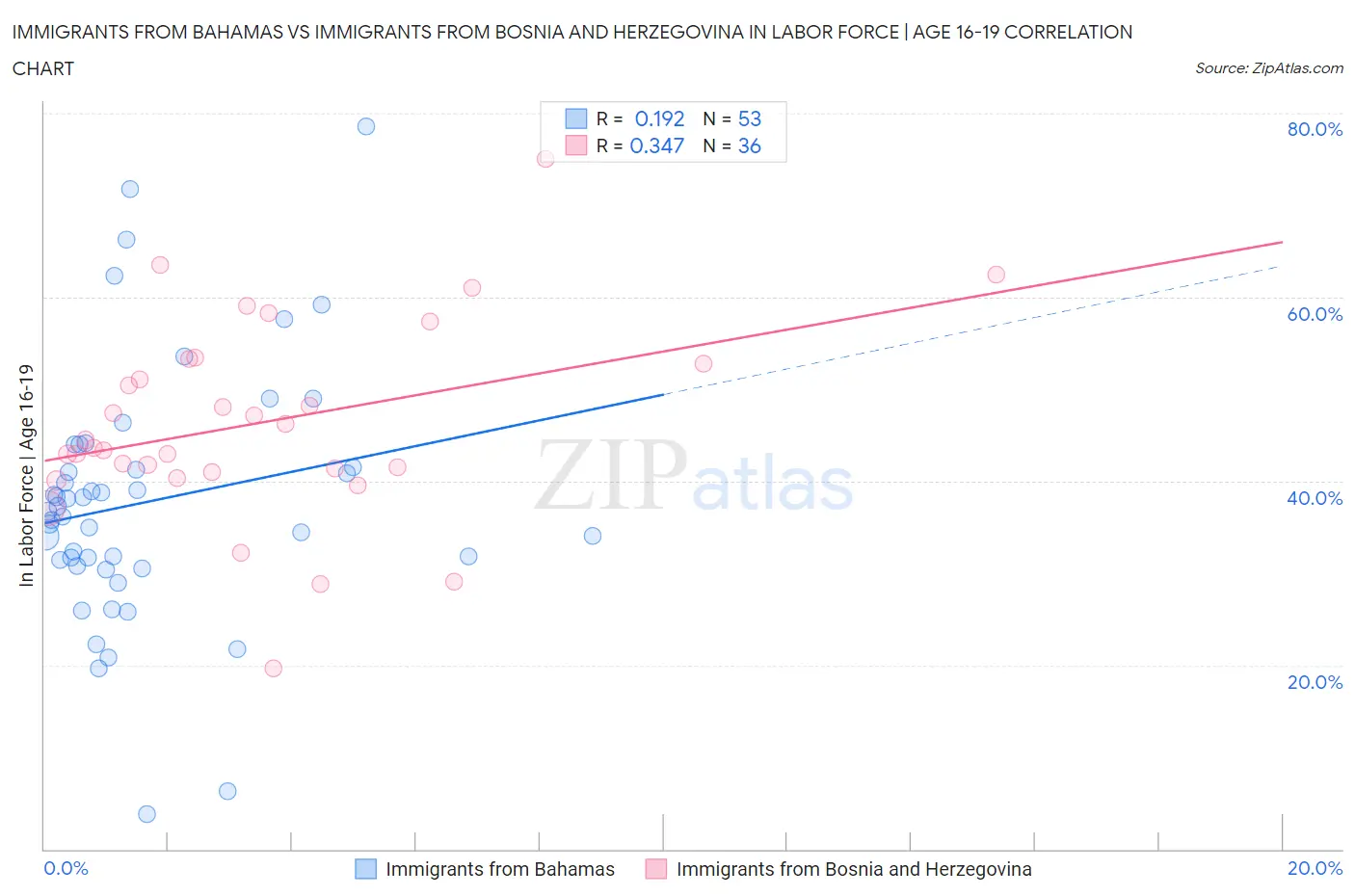 Immigrants from Bahamas vs Immigrants from Bosnia and Herzegovina In Labor Force | Age 16-19