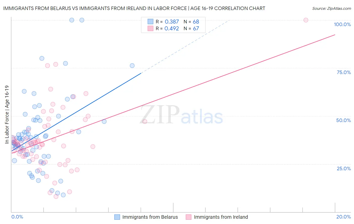 Immigrants from Belarus vs Immigrants from Ireland In Labor Force | Age 16-19