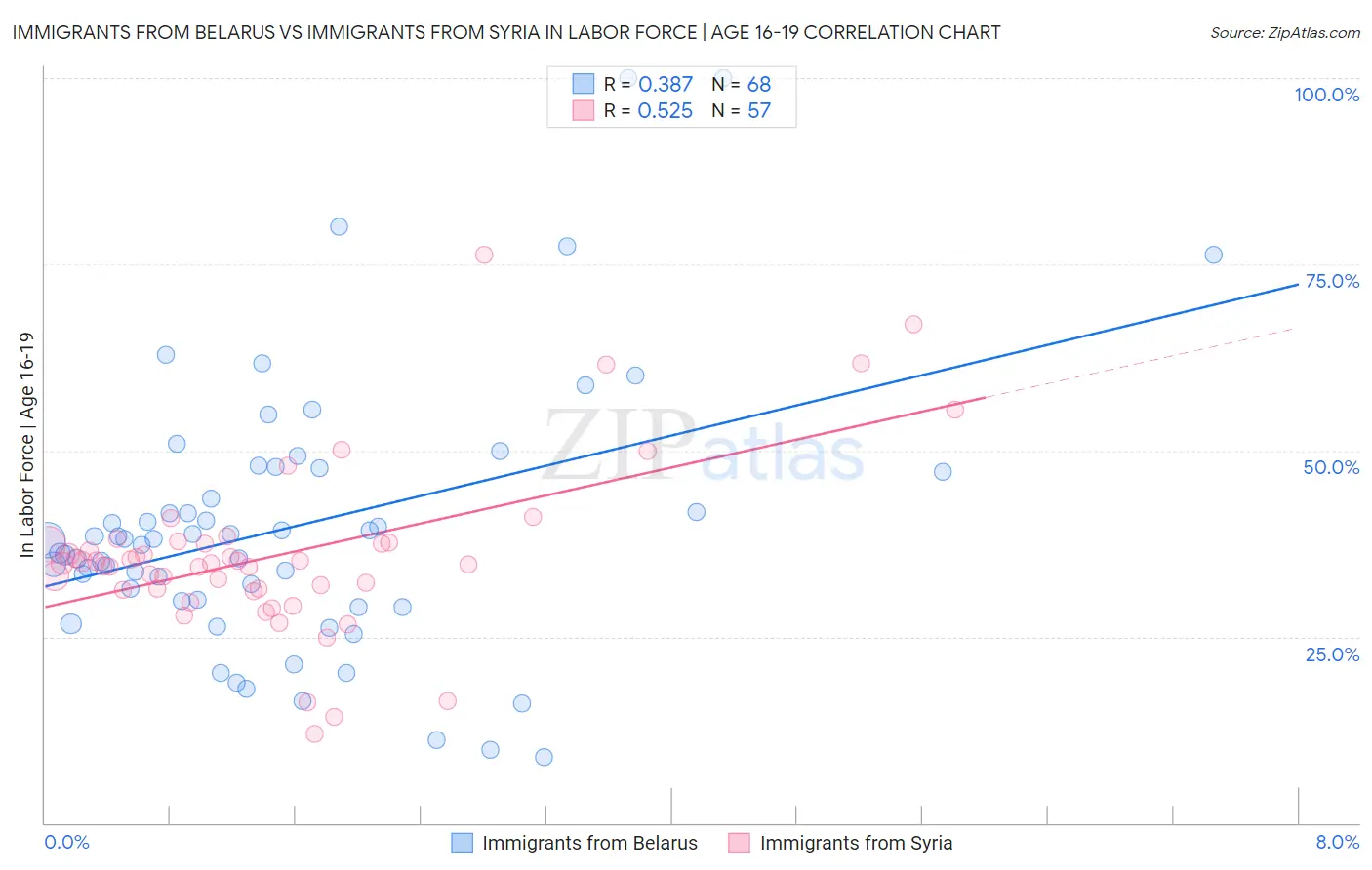 Immigrants from Belarus vs Immigrants from Syria In Labor Force | Age 16-19