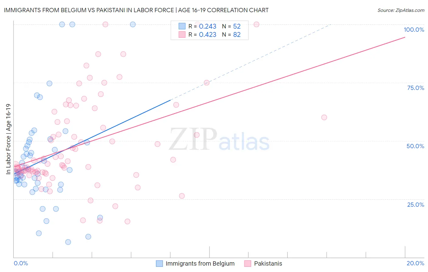 Immigrants from Belgium vs Pakistani In Labor Force | Age 16-19