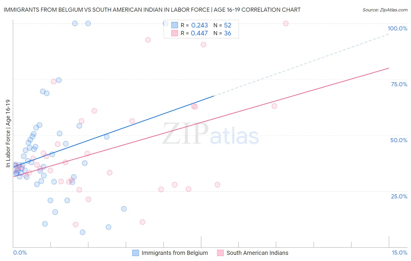 Immigrants from Belgium vs South American Indian In Labor Force | Age 16-19