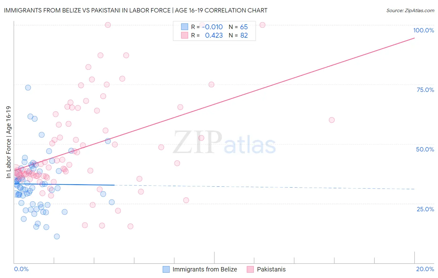Immigrants from Belize vs Pakistani In Labor Force | Age 16-19