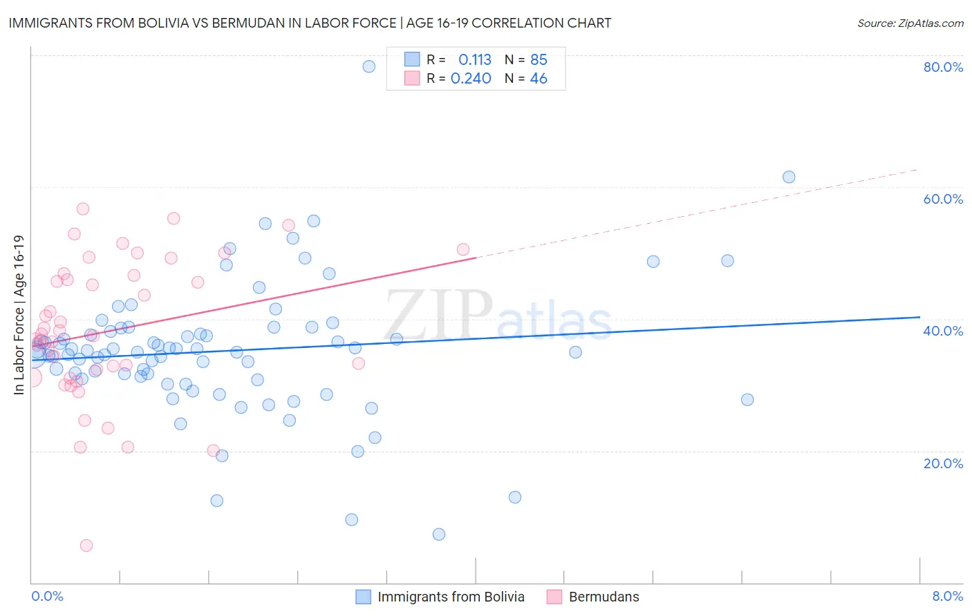 Immigrants from Bolivia vs Bermudan In Labor Force | Age 16-19