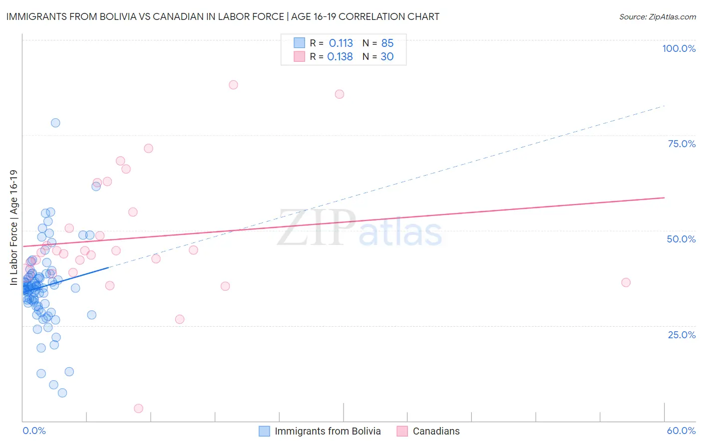 Immigrants from Bolivia vs Canadian In Labor Force | Age 16-19