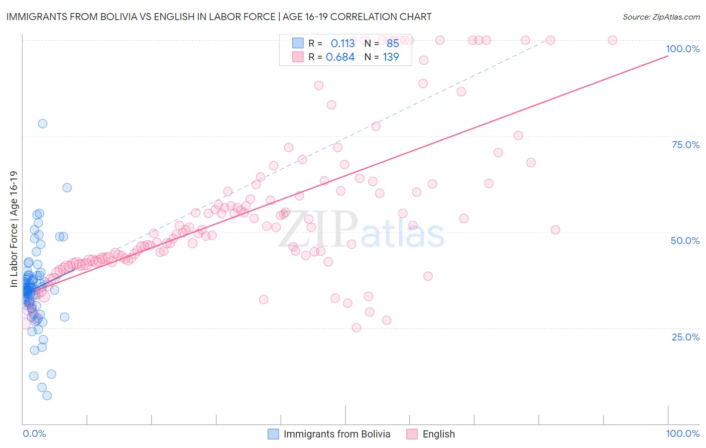 Immigrants from Bolivia vs English In Labor Force | Age 16-19