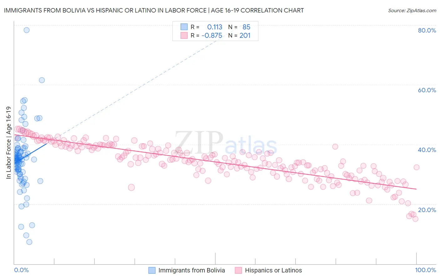 Immigrants from Bolivia vs Hispanic or Latino In Labor Force | Age 16-19