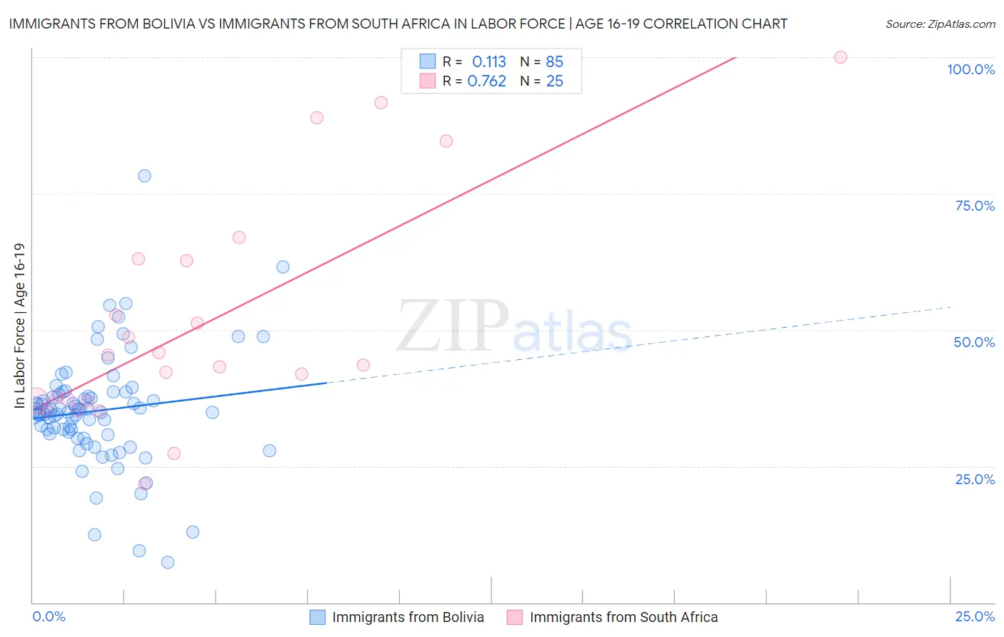 Immigrants from Bolivia vs Immigrants from South Africa In Labor Force | Age 16-19