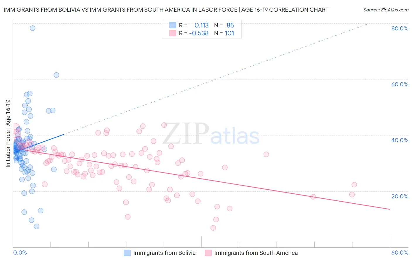 Immigrants from Bolivia vs Immigrants from South America In Labor Force | Age 16-19