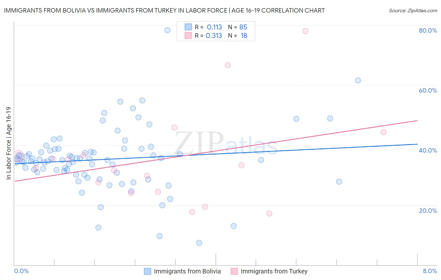 Immigrants from Bolivia vs Immigrants from Turkey In Labor Force | Age 16-19