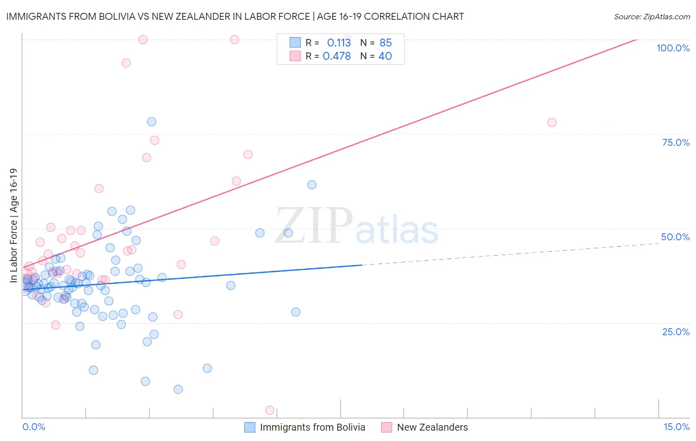 Immigrants from Bolivia vs New Zealander In Labor Force | Age 16-19