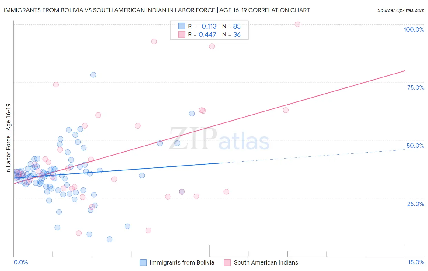 Immigrants from Bolivia vs South American Indian In Labor Force | Age 16-19