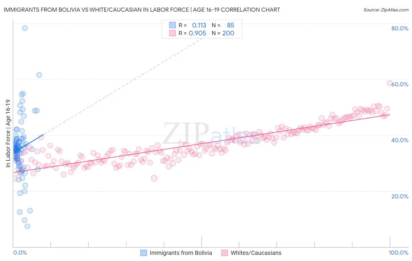 Immigrants from Bolivia vs White/Caucasian In Labor Force | Age 16-19