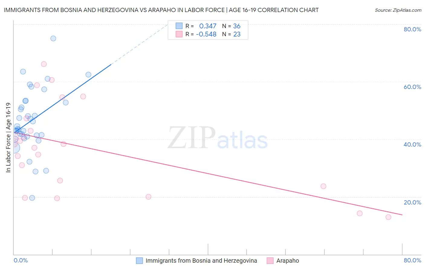 Immigrants from Bosnia and Herzegovina vs Arapaho In Labor Force | Age 16-19
