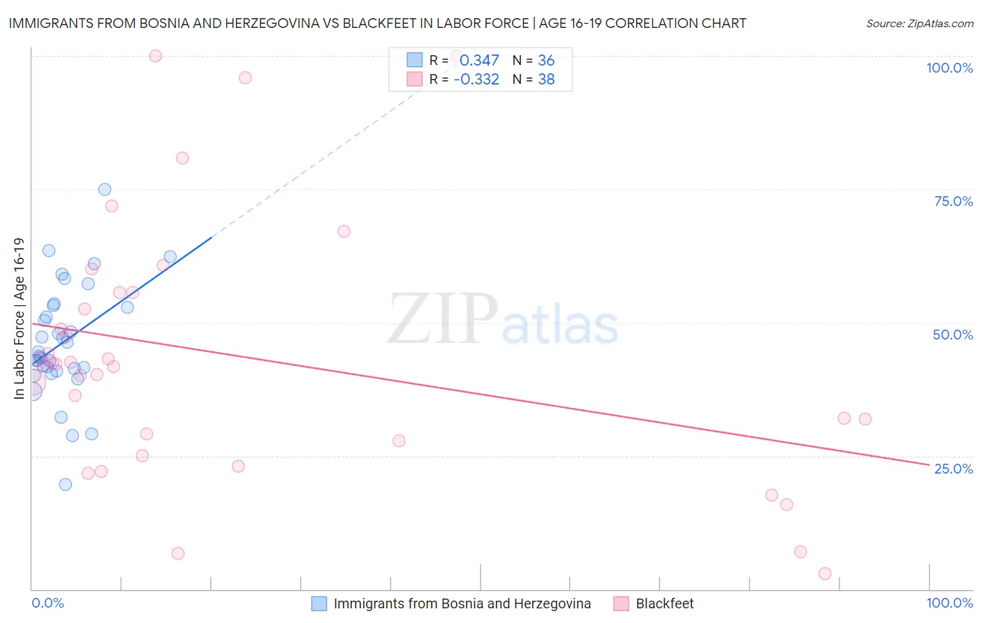 Immigrants from Bosnia and Herzegovina vs Blackfeet In Labor Force | Age 16-19