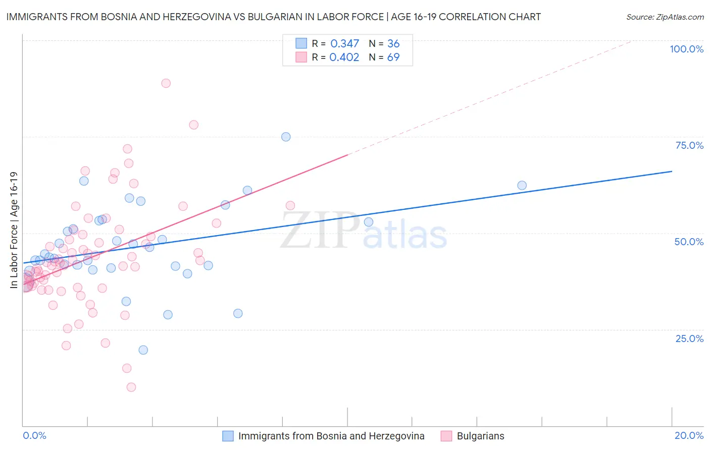 Immigrants from Bosnia and Herzegovina vs Bulgarian In Labor Force | Age 16-19