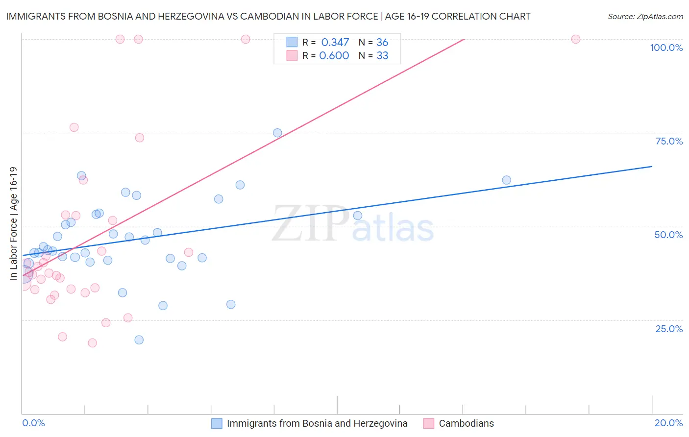Immigrants from Bosnia and Herzegovina vs Cambodian In Labor Force | Age 16-19