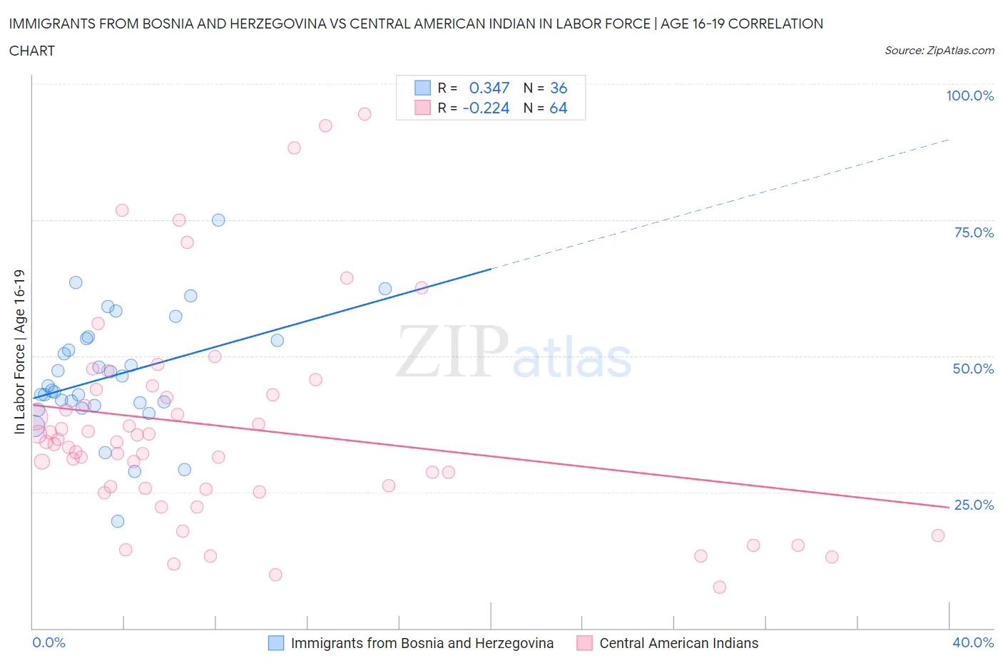 Immigrants from Bosnia and Herzegovina vs Central American Indian In Labor Force | Age 16-19