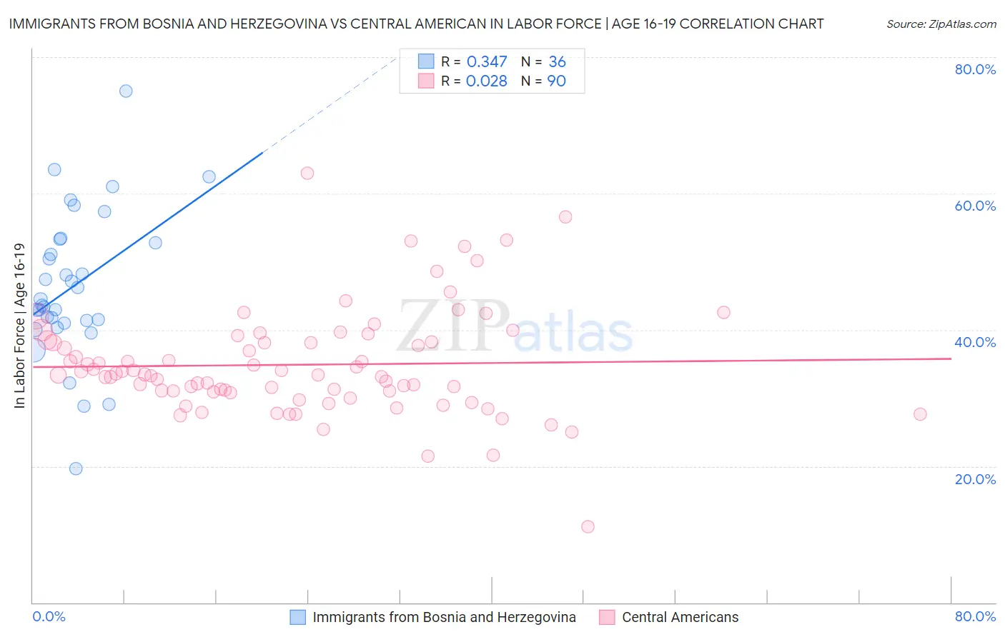 Immigrants from Bosnia and Herzegovina vs Central American In Labor Force | Age 16-19