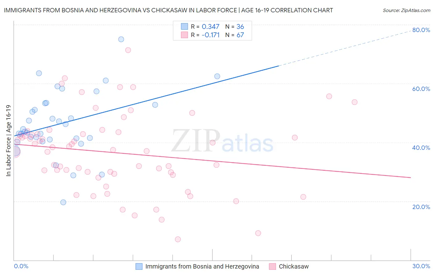 Immigrants from Bosnia and Herzegovina vs Chickasaw In Labor Force | Age 16-19