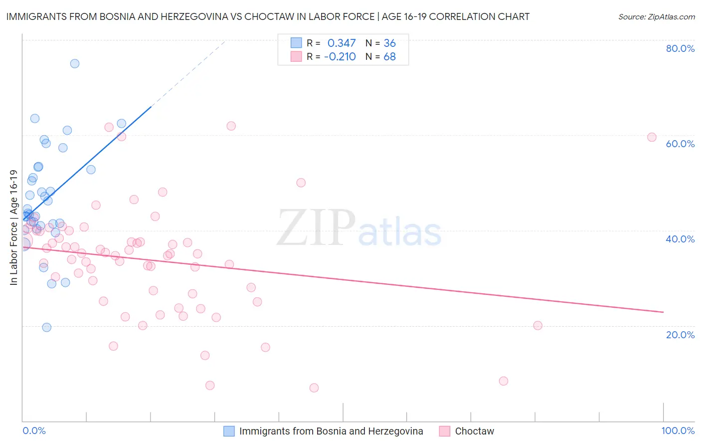 Immigrants from Bosnia and Herzegovina vs Choctaw In Labor Force | Age 16-19