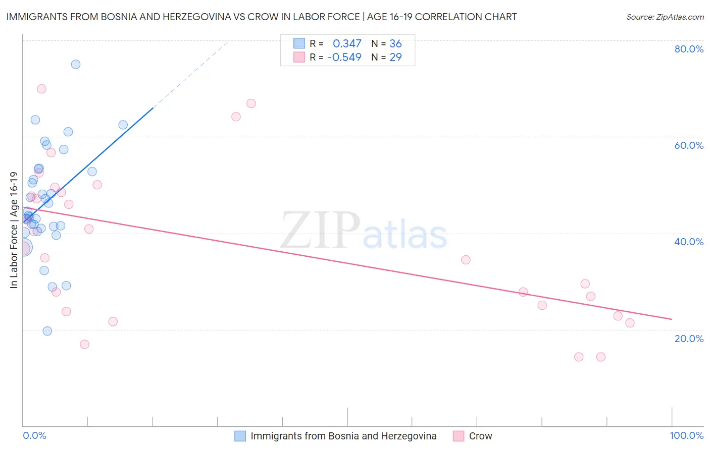 Immigrants from Bosnia and Herzegovina vs Crow In Labor Force | Age 16-19