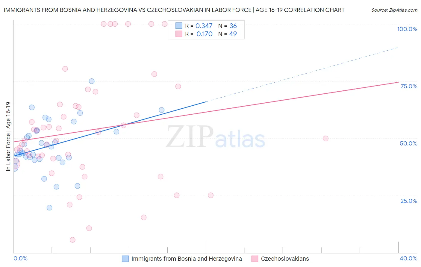 Immigrants from Bosnia and Herzegovina vs Czechoslovakian In Labor Force | Age 16-19