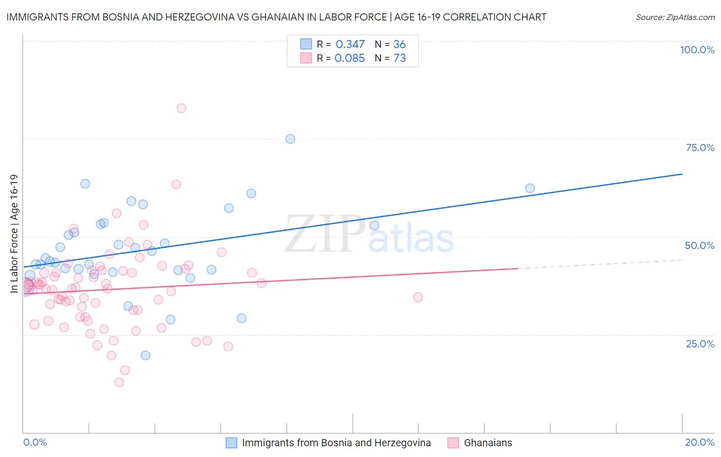 Immigrants from Bosnia and Herzegovina vs Ghanaian In Labor Force | Age 16-19