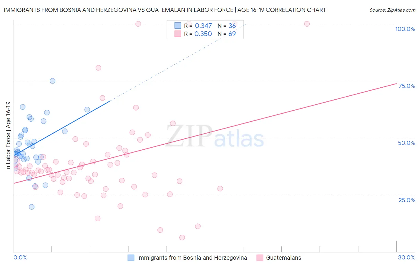 Immigrants from Bosnia and Herzegovina vs Guatemalan In Labor Force | Age 16-19