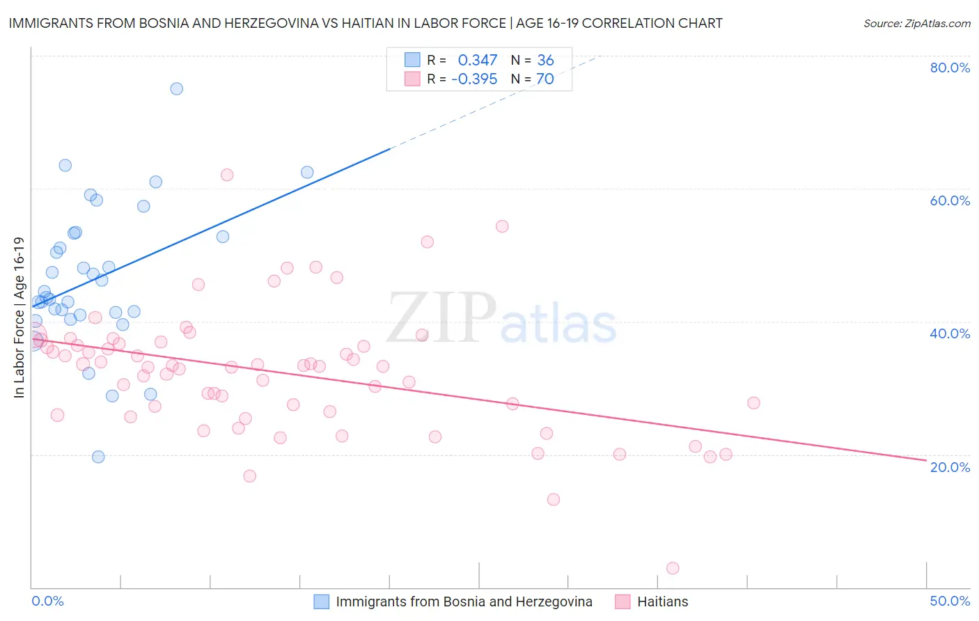 Immigrants from Bosnia and Herzegovina vs Haitian In Labor Force | Age 16-19