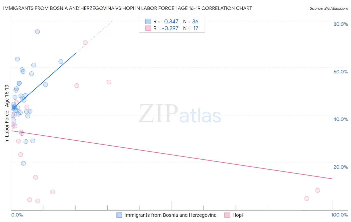 Immigrants from Bosnia and Herzegovina vs Hopi In Labor Force | Age 16-19
