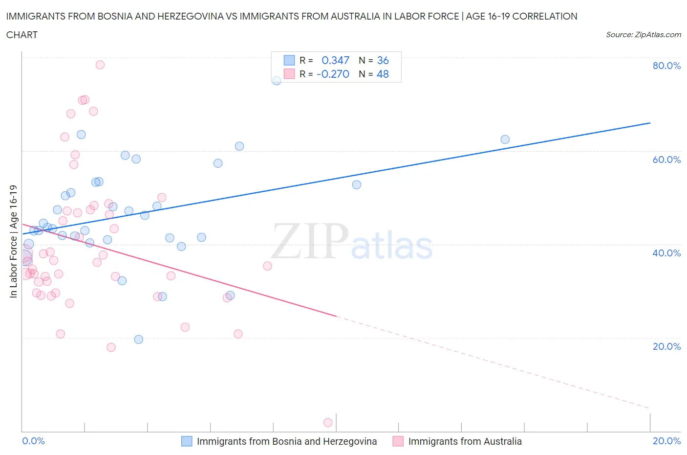 Immigrants from Bosnia and Herzegovina vs Immigrants from Australia In Labor Force | Age 16-19