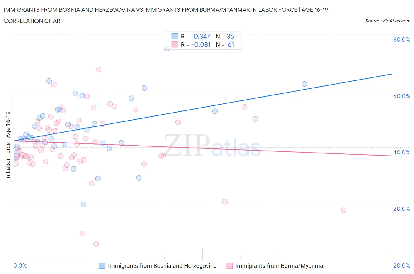 Immigrants from Bosnia and Herzegovina vs Immigrants from Burma/Myanmar In Labor Force | Age 16-19