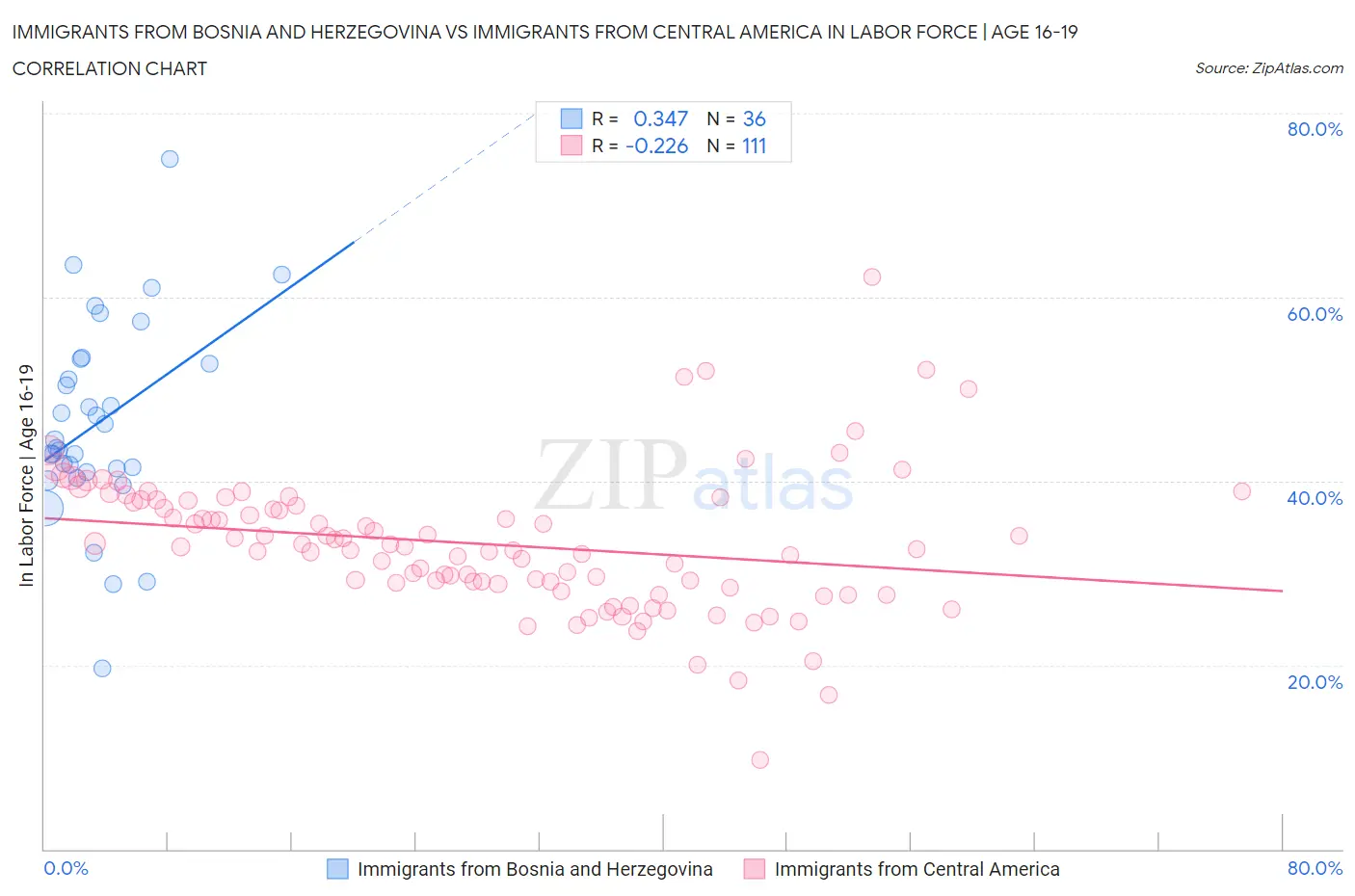 Immigrants from Bosnia and Herzegovina vs Immigrants from Central America In Labor Force | Age 16-19