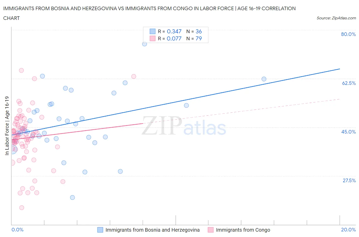 Immigrants from Bosnia and Herzegovina vs Immigrants from Congo In Labor Force | Age 16-19