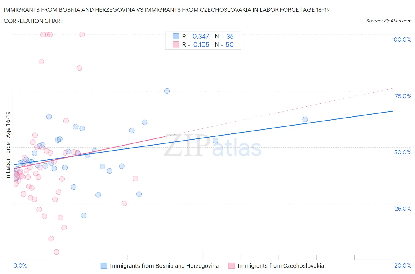 Immigrants from Bosnia and Herzegovina vs Immigrants from Czechoslovakia In Labor Force | Age 16-19