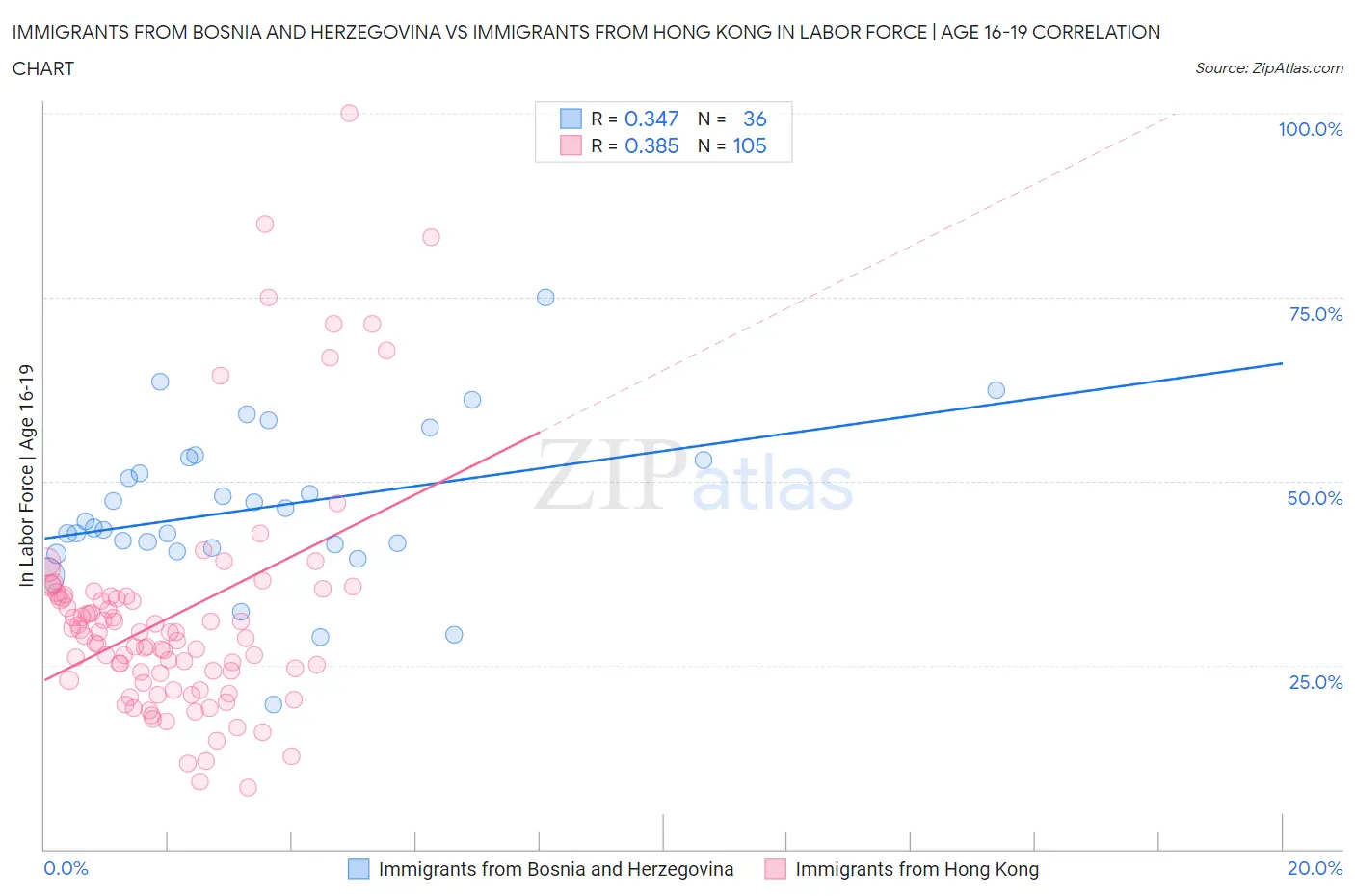 Immigrants from Bosnia and Herzegovina vs Immigrants from Hong Kong In Labor Force | Age 16-19