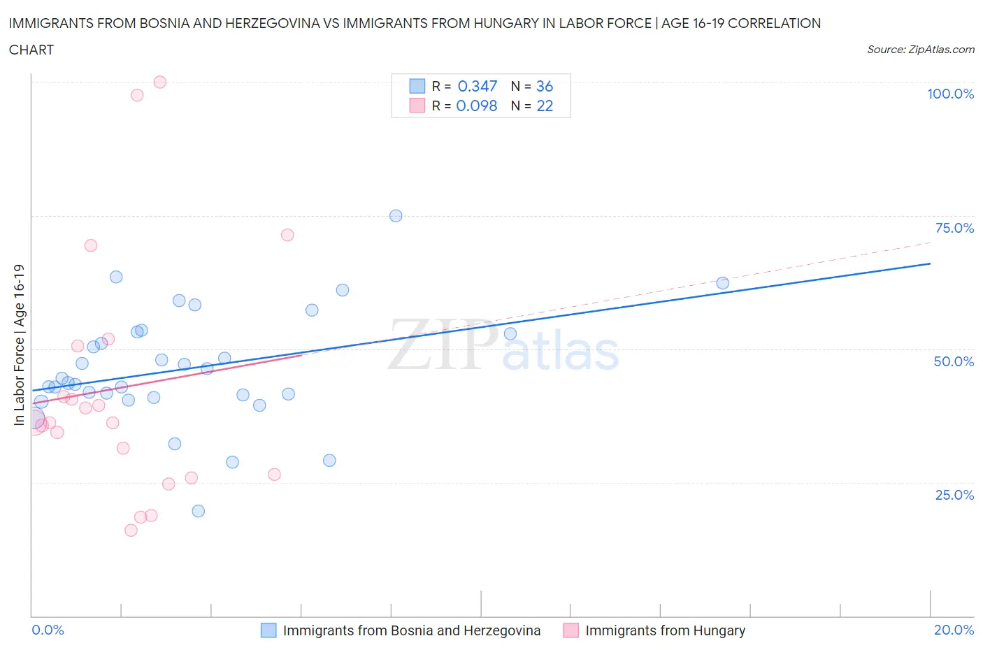Immigrants from Bosnia and Herzegovina vs Immigrants from Hungary In Labor Force | Age 16-19