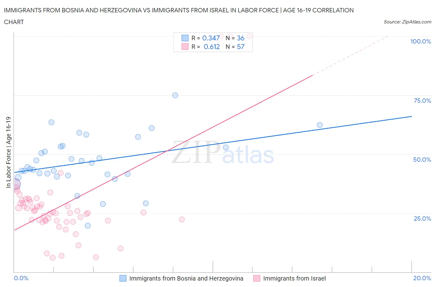 Immigrants from Bosnia and Herzegovina vs Immigrants from Israel In Labor Force | Age 16-19