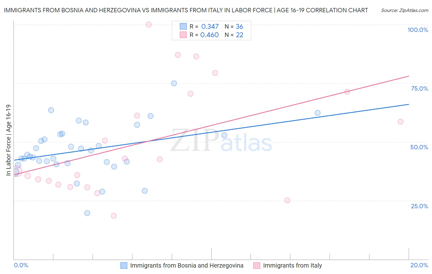 Immigrants from Bosnia and Herzegovina vs Immigrants from Italy In Labor Force | Age 16-19