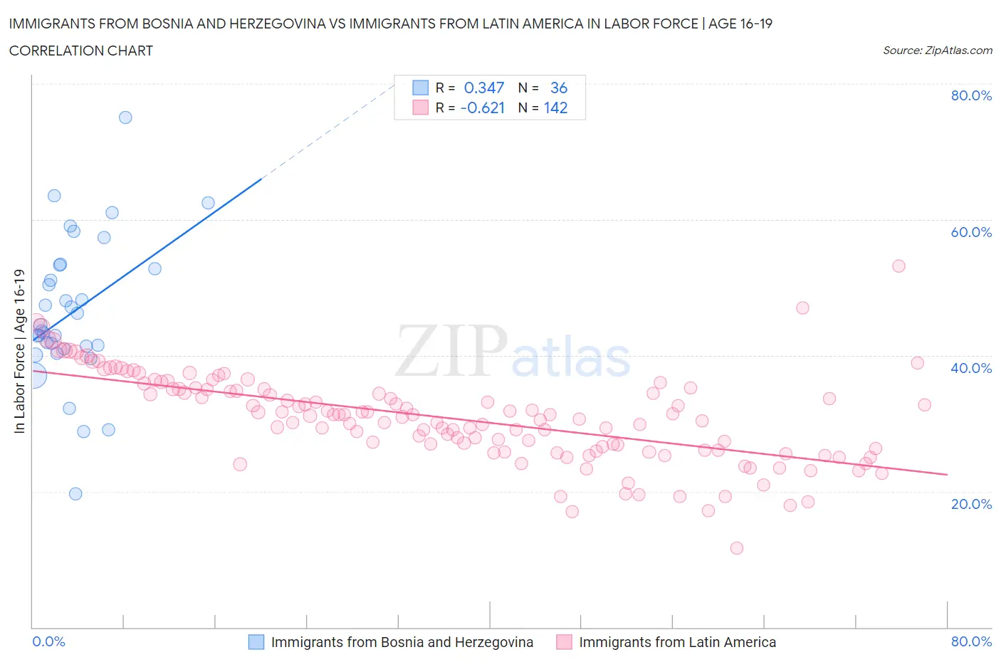 Immigrants from Bosnia and Herzegovina vs Immigrants from Latin America In Labor Force | Age 16-19