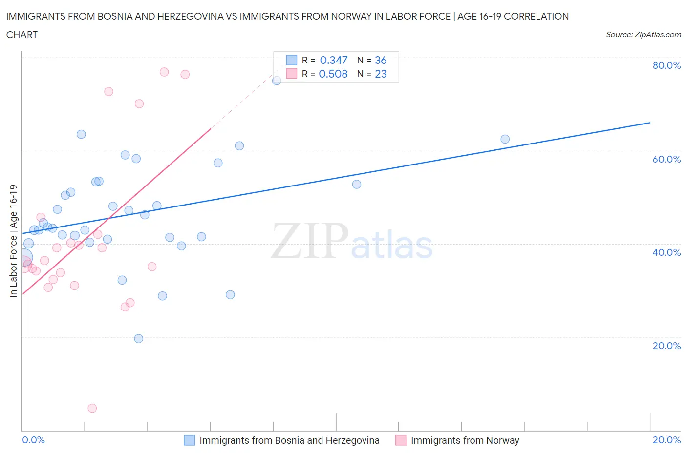 Immigrants from Bosnia and Herzegovina vs Immigrants from Norway In Labor Force | Age 16-19