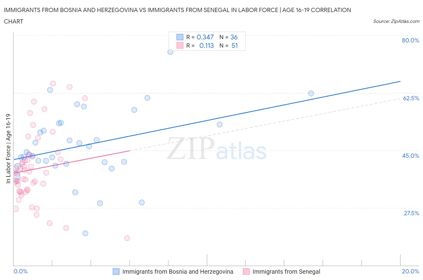 Immigrants from Bosnia and Herzegovina vs Immigrants from Senegal In Labor Force | Age 16-19